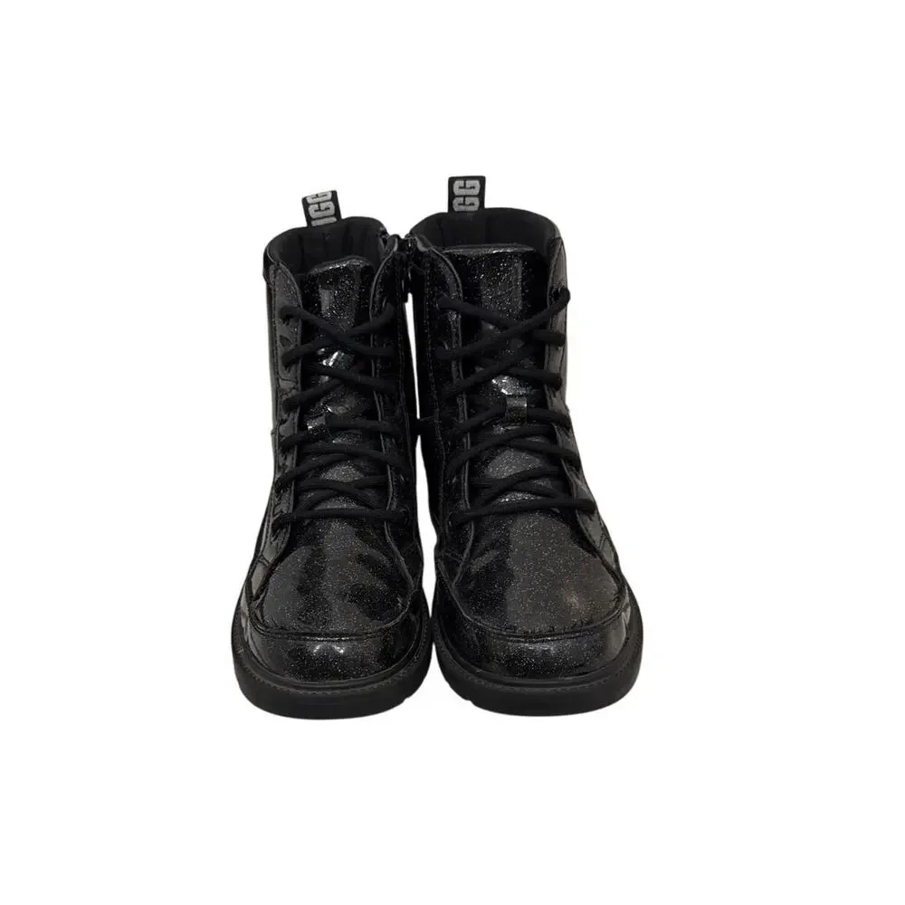 UGG Shoes Ashton Black Patent Glitter Lace Up Comat Moto Boots Size Youth 5